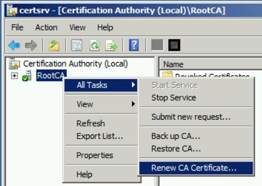 The crtsrv window, with the RootCA highlighted and right clicked to open a dropdown menu, with All Tasks and Renew CA Certificate highlighted