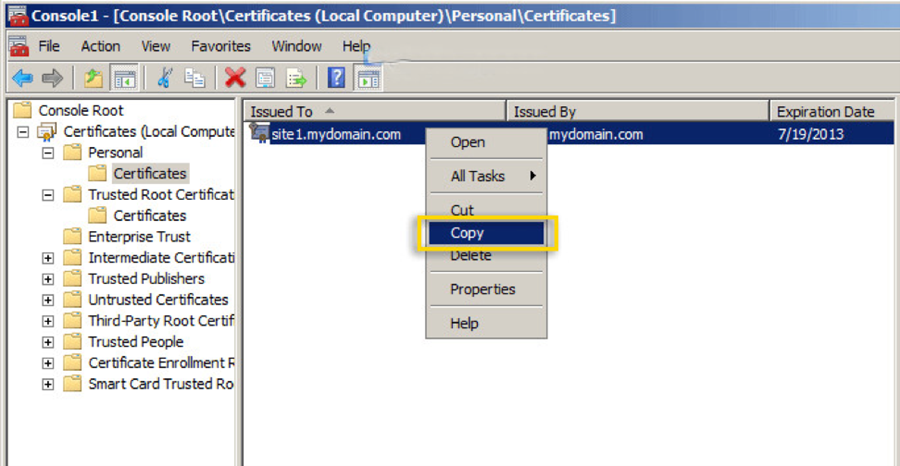 Once the self-signed certificate is highlighted, with a right click, a menu shows up. Copy is highlighted.