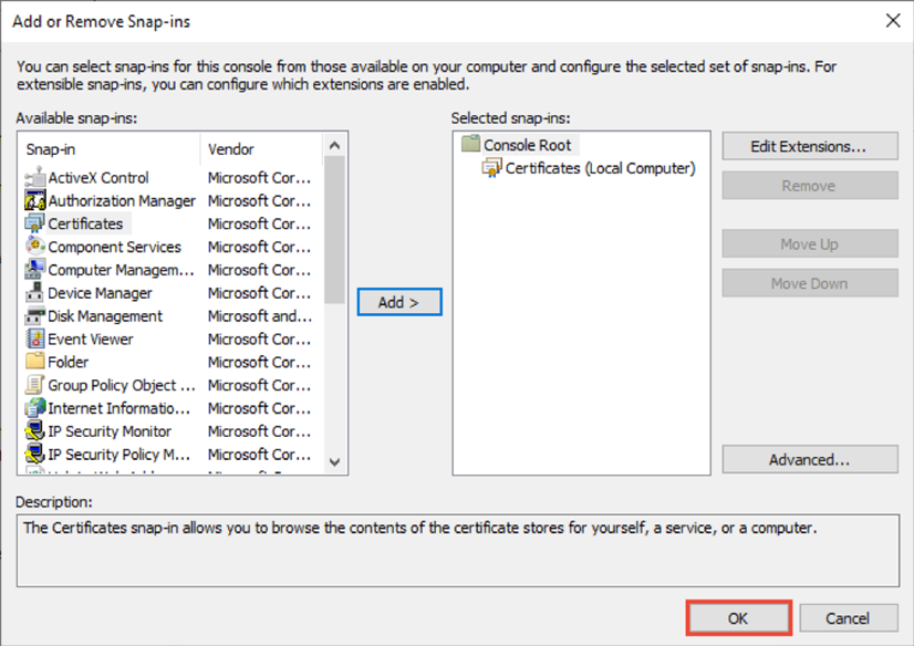 Box showing the Add or Remove Snap-ins screen, with the OK button highlighted.
