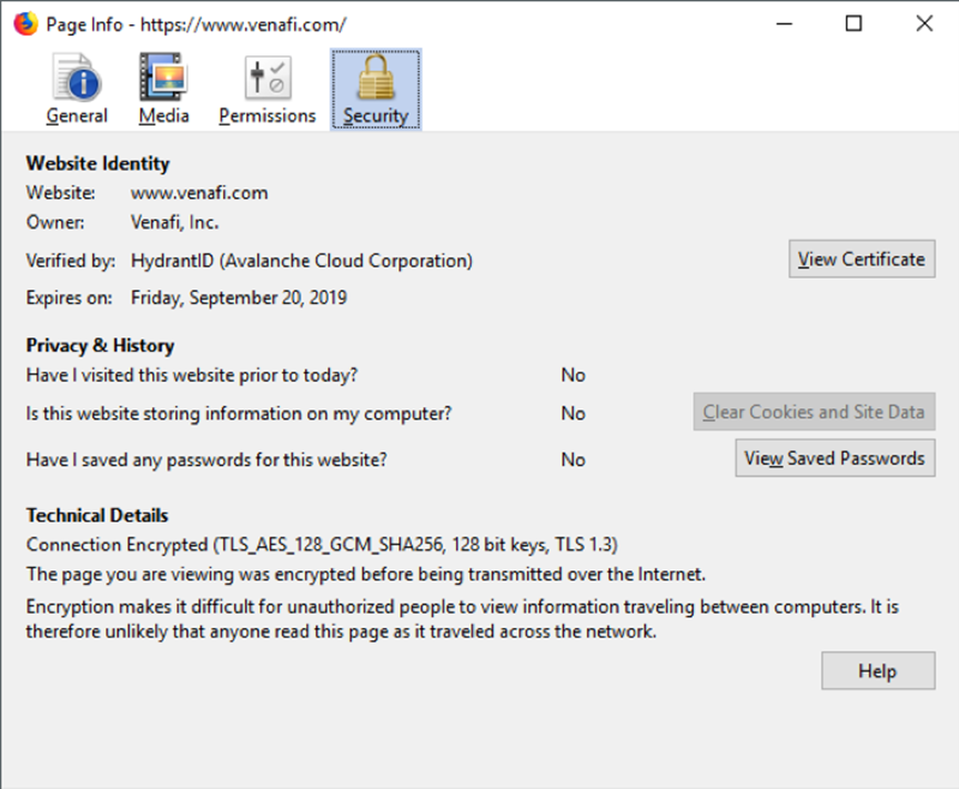 Checking the security details for an SSL Certificate, in this case, an EV certificate with the website owner company, verification entity, and certificate expiration date.
