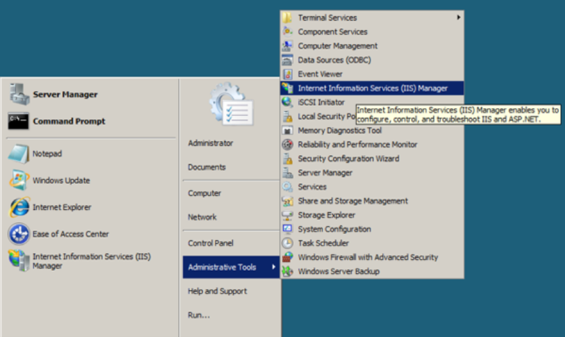 The location of the IIS manager under Administrative Tools in the Windows menu.