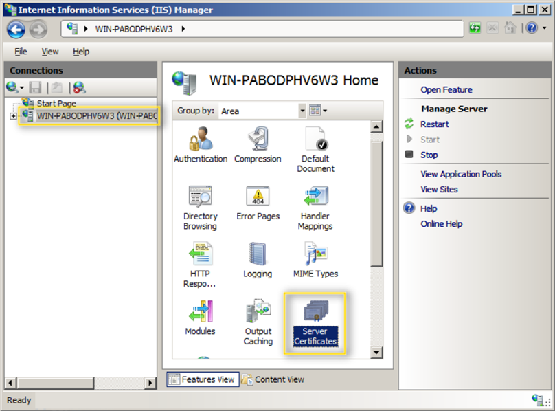 The IIS window showing the certificate name highlighted and a yellow box around the Server Certificates icon.