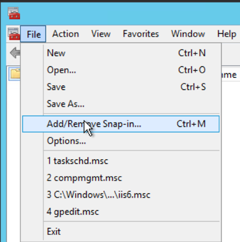The location of the Add/Remove Snap-In under the File menu.