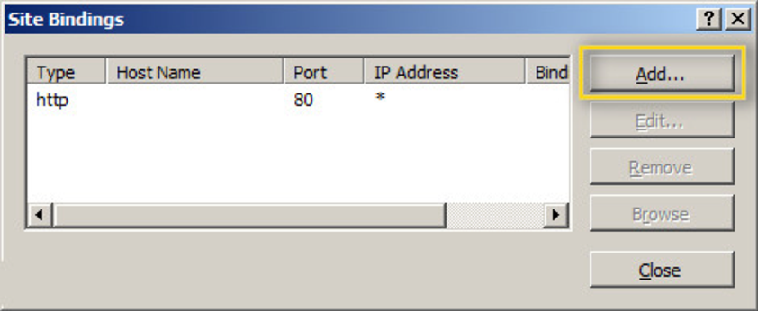 The site bindings window with the