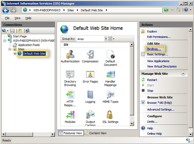 The Bindings option is highlighted in a yellow box in the menu on the right side of the box.