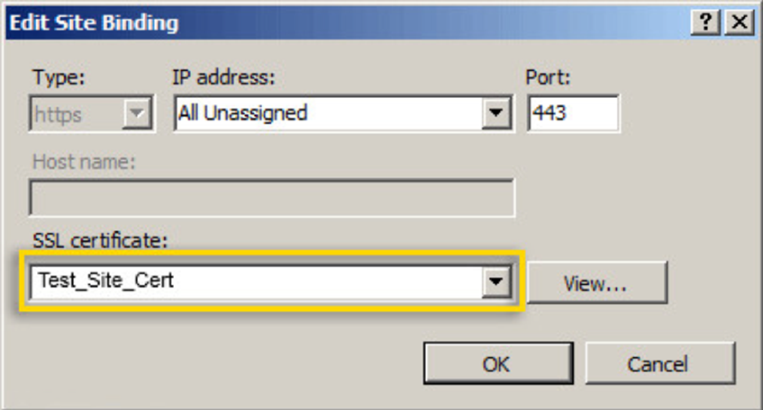 The updated site binding within the Edit Site Bindings window showing the new SSL certificate name, port 443, and IP address set to