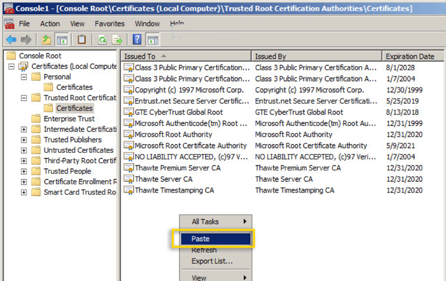 After expanding the Trusted Root Certification Authorities folder on the left side of the box, click on certificates, right click in the left box, which opens a drop down menu. Paste is highlighted.