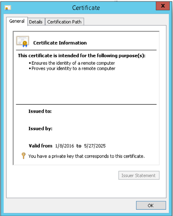 Box showing the SSL certificate window, with the General tab in focus, and details on the relevant certificate.