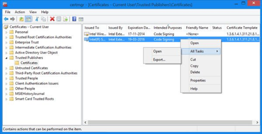 The layout of the Windows Certificate Manager tool, with a dropdown menu open on a certificate, with the All tasks menu open showing Open and Export. This is the same image the previous one.