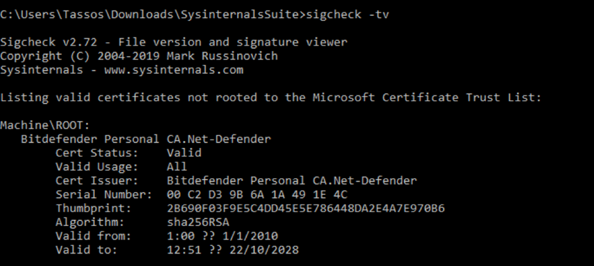 Windows sysinternals utility sigcheck showing that you can check all valid SSL certificates not rooted to the Microsoft Certificate Trust List.