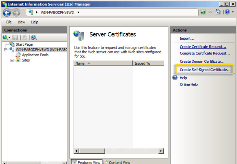 The Create Self-Signed Certificate option is the last option the Actions menu on the right.