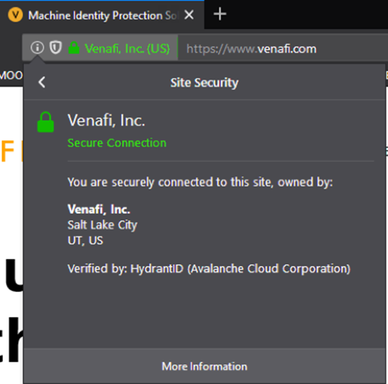 Example of checking an EV SSL Certificate in Firefox, showing the secure connect, who owns the site, and verification entity.