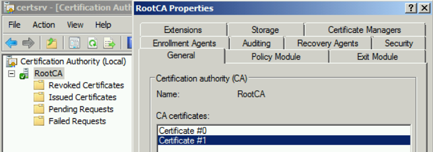 The RootCA Properties window now shows the renewed certificates.