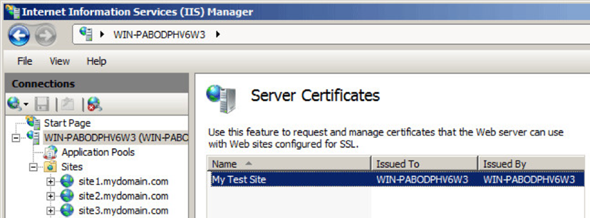 The friendly name now shows up in the server certificates list in the IIS manager window.
